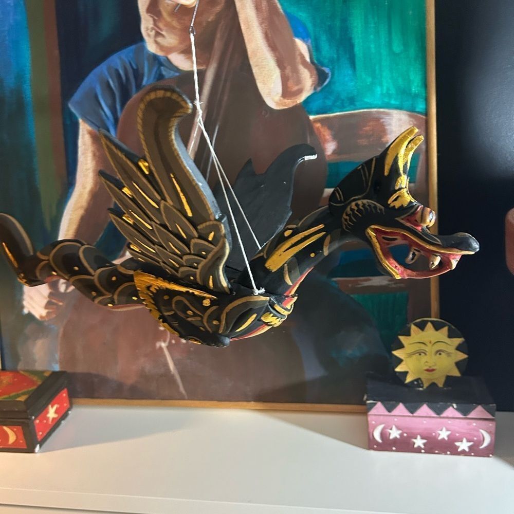 Vtg 90s Dragon Naga Flying Hanging 17" Green/Gold Handmade Wooden Bali Folkart - Picture 11 of 16